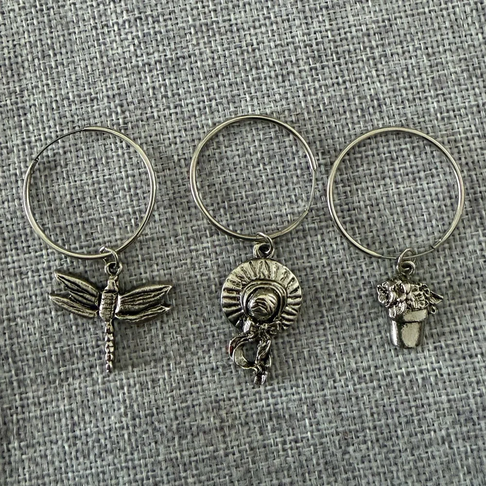 Garden-Themed Wine Glass Charms Set of 3 | Dragonfly /Hat / Flower Pot